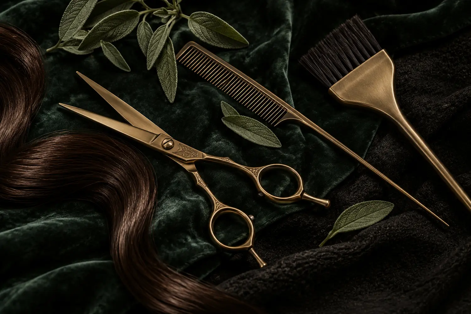 Editorial still life of gold haircutting shears, comb, and hair coloring brush on dark green fabric